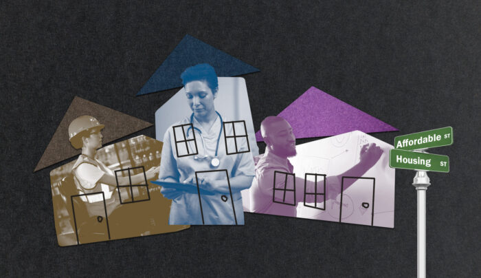 Shapes forming three houses with a photo of a nurse, teacher and warehouse worker in each house.