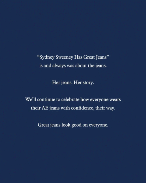Screenshot of American Eagle's response to the Sydney Sweeney ad backlash.